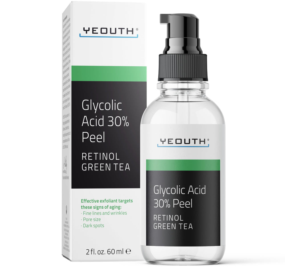 YEOUTH glycolic acid peel bottle promoting smoother skin through at-home exfoliation.