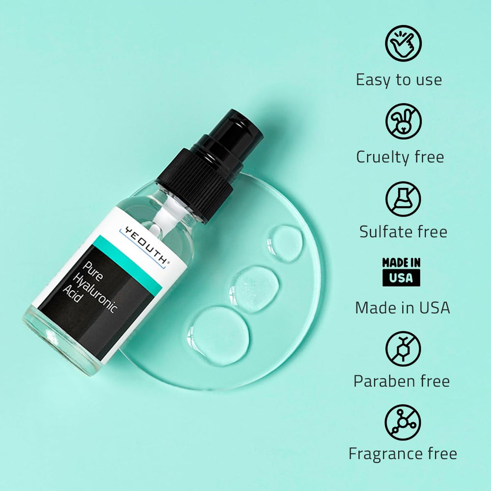 YEOUTH Hyaluronic Acid Serum on face close-up showing instant hydration.