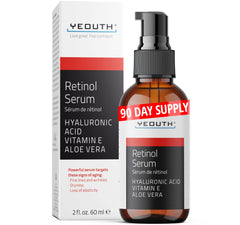 YEOUTH Retinol Serum bottle with pump promotes hydration for smoother skin.