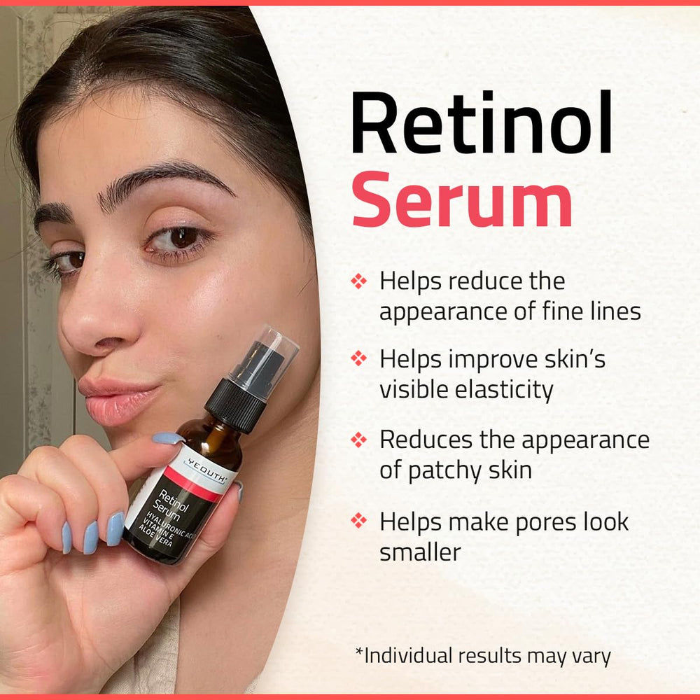 YEOUTH Retinol Serum box on a dresser highlights clean, dermatologist-tested formula.