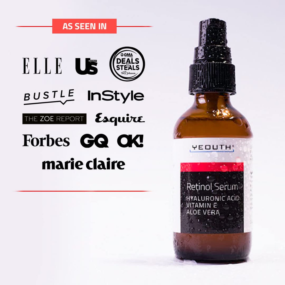 YEOUTH Retinol Serum bottle showing Hyaluronic Acid for lasting hydration.