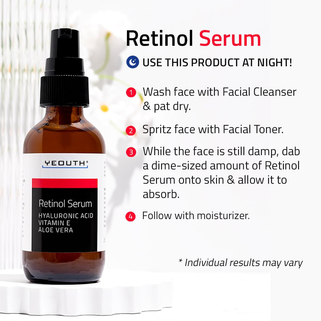 YEOUTH Retinol Serum ingredients panel featuring Vitamin E and Aloe Vera for nourishment.