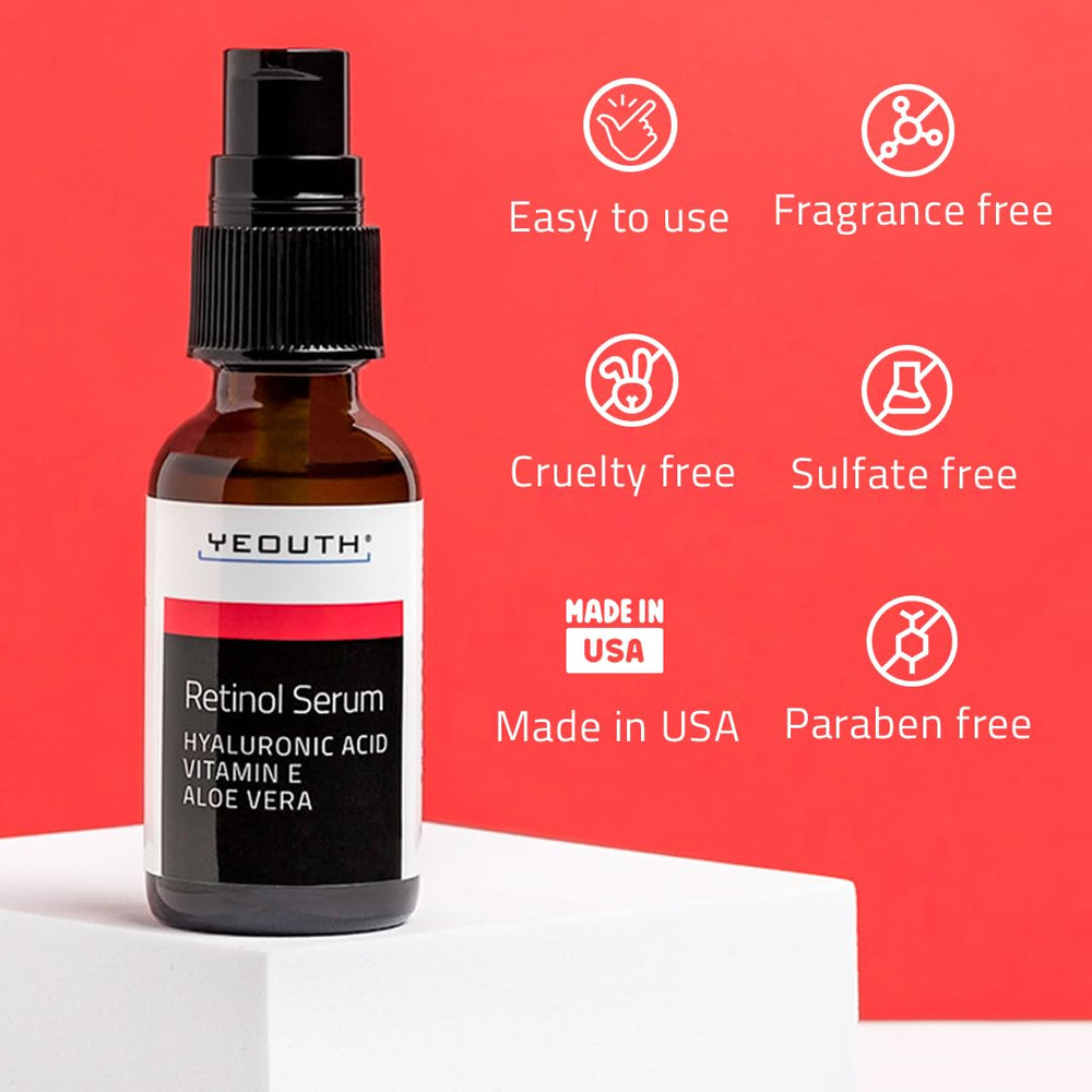 YEOUTH Retinol Serum label notes paraben-free and USA manufacturing for clean skincare.