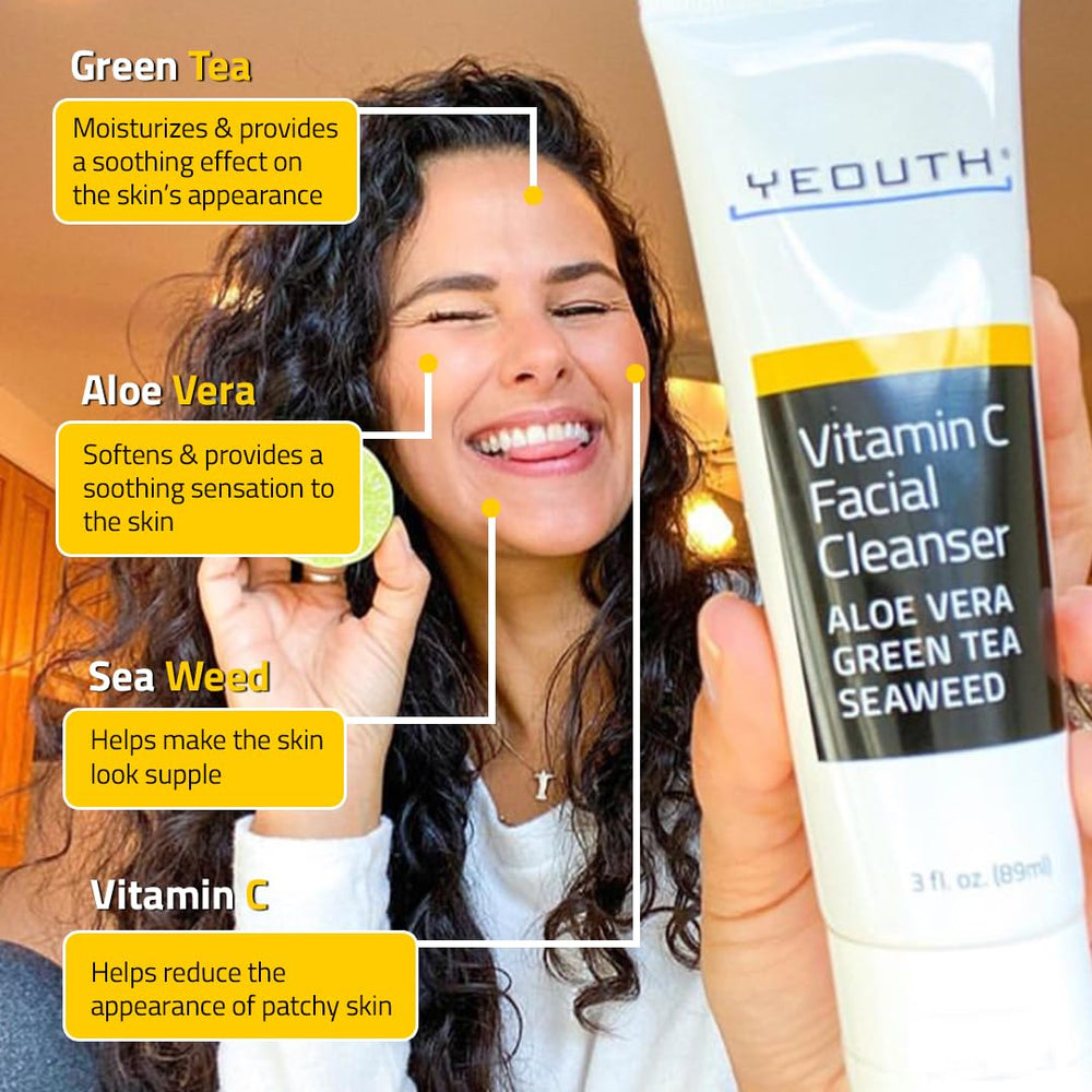 YEOUTH Vitamin C cleanser bottle front highlights a versatile daily facial cleanser for all skin types.