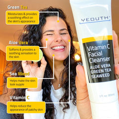YEOUTH Vitamin C cleanser bottle front highlights a versatile daily facial cleanser for all skin types.