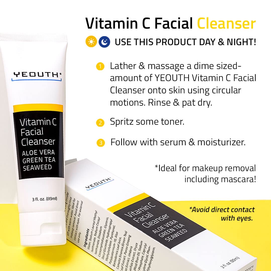 YEOUTH Vitamin C cleanser makeup removal effect illustrates refreshed, clean skin after use.