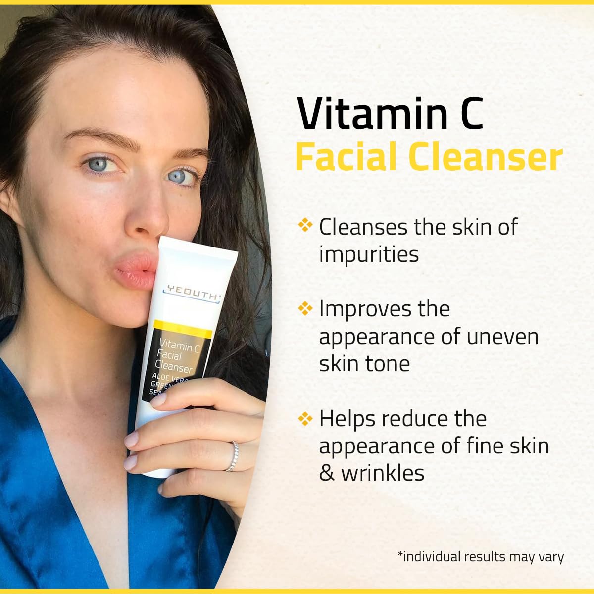 YEOUTH Vitamin C cleanser packaging side emphasizes paraben-free and dermatologist-tested safety.