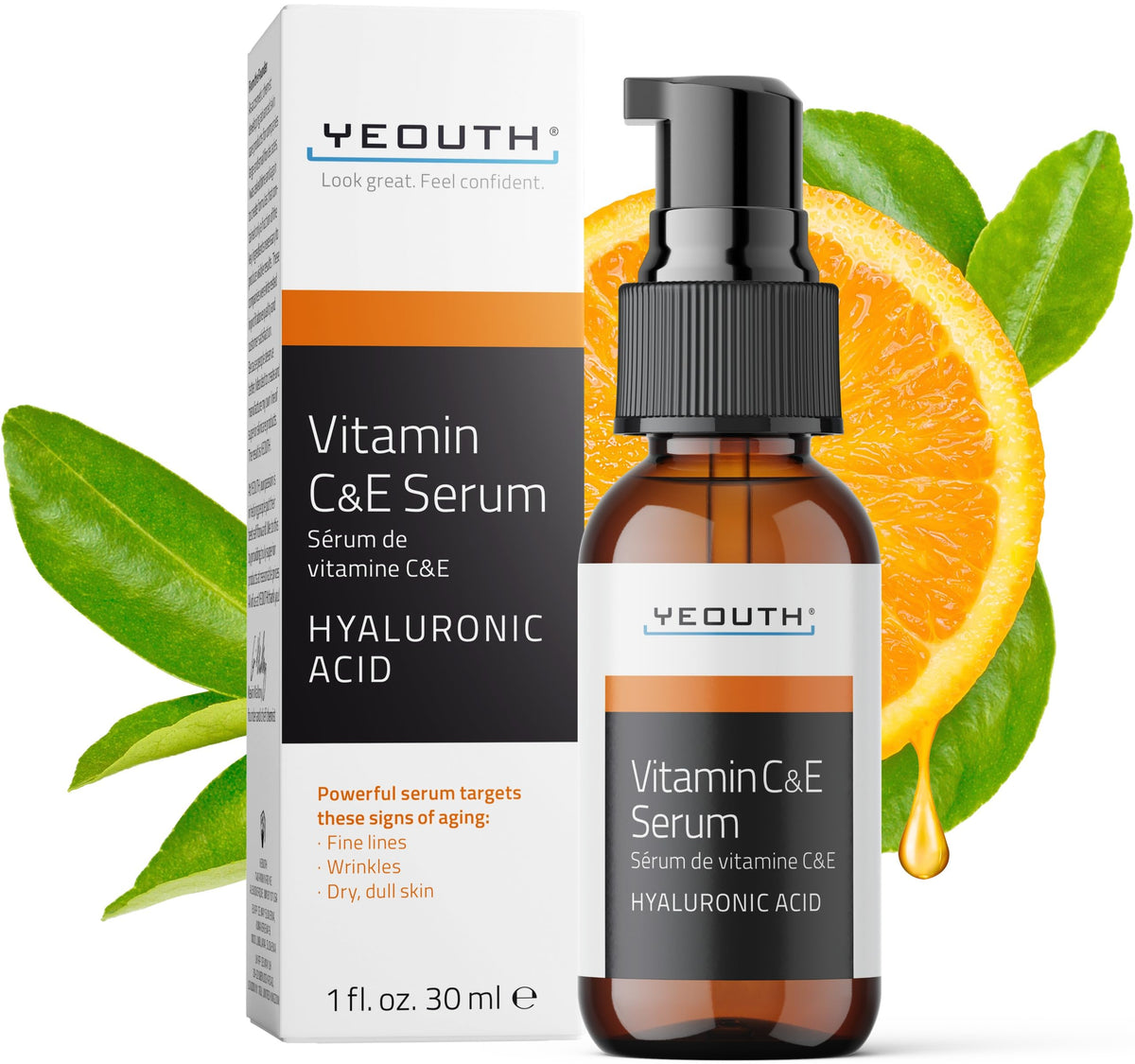 YEOUTH Vitamin C Serum bottle with pump demonstrates hydrating formula for daily use.