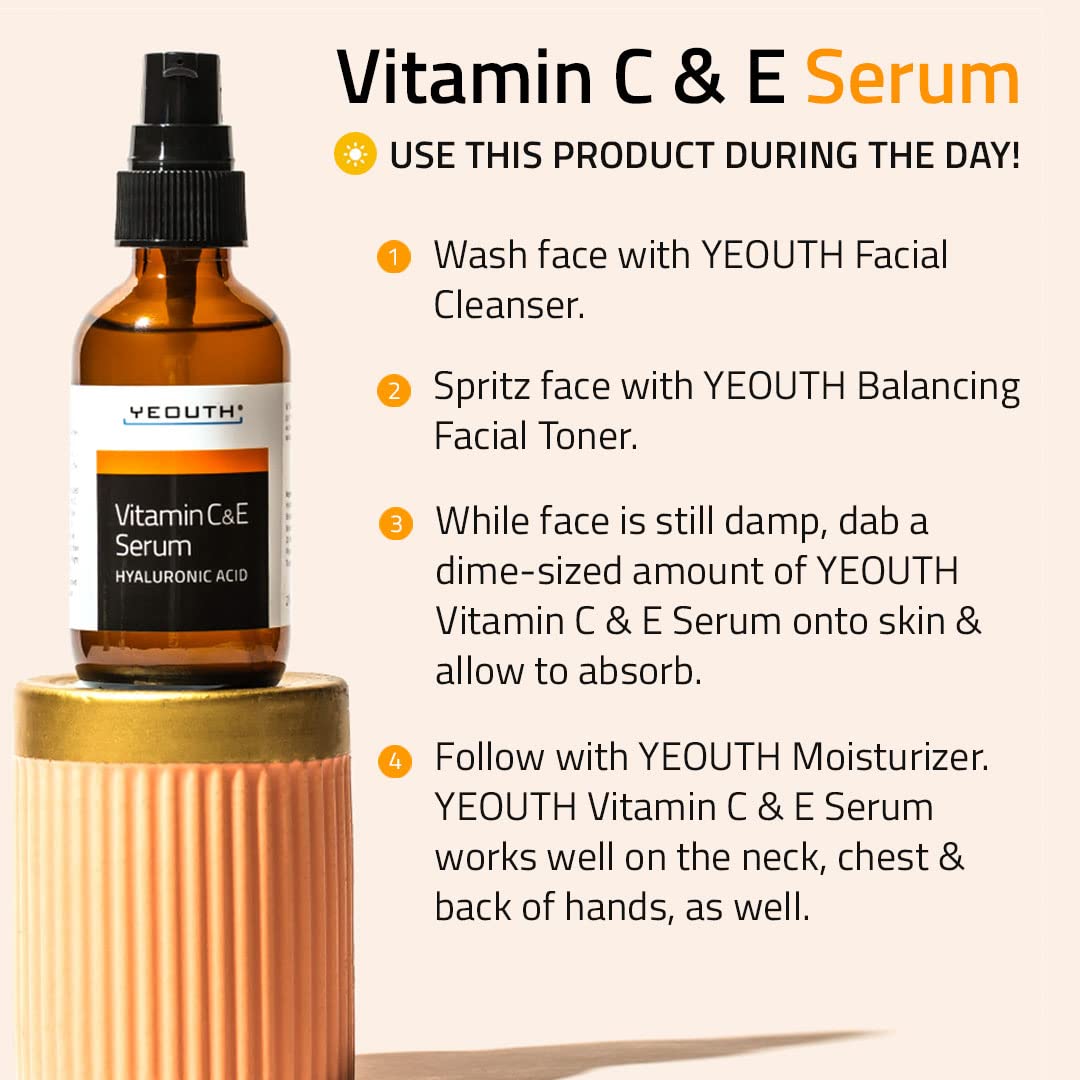 YEOUTH Vitamin C Serum with hyaluronic acid beside a glass of water for hydration.