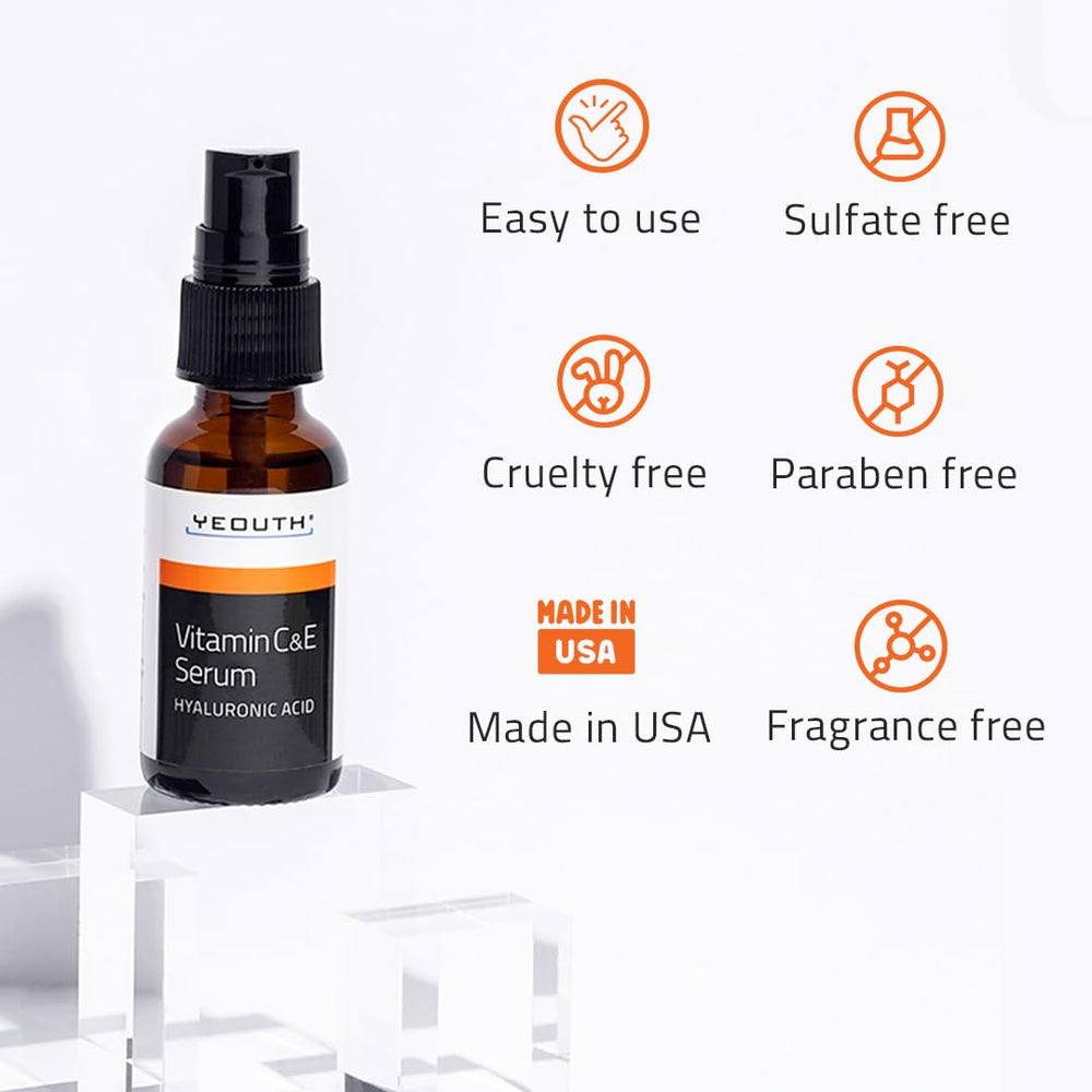 YEOUTH Vitamin C Serum packaging emphasizes USA-made with globally sourced ingredients.