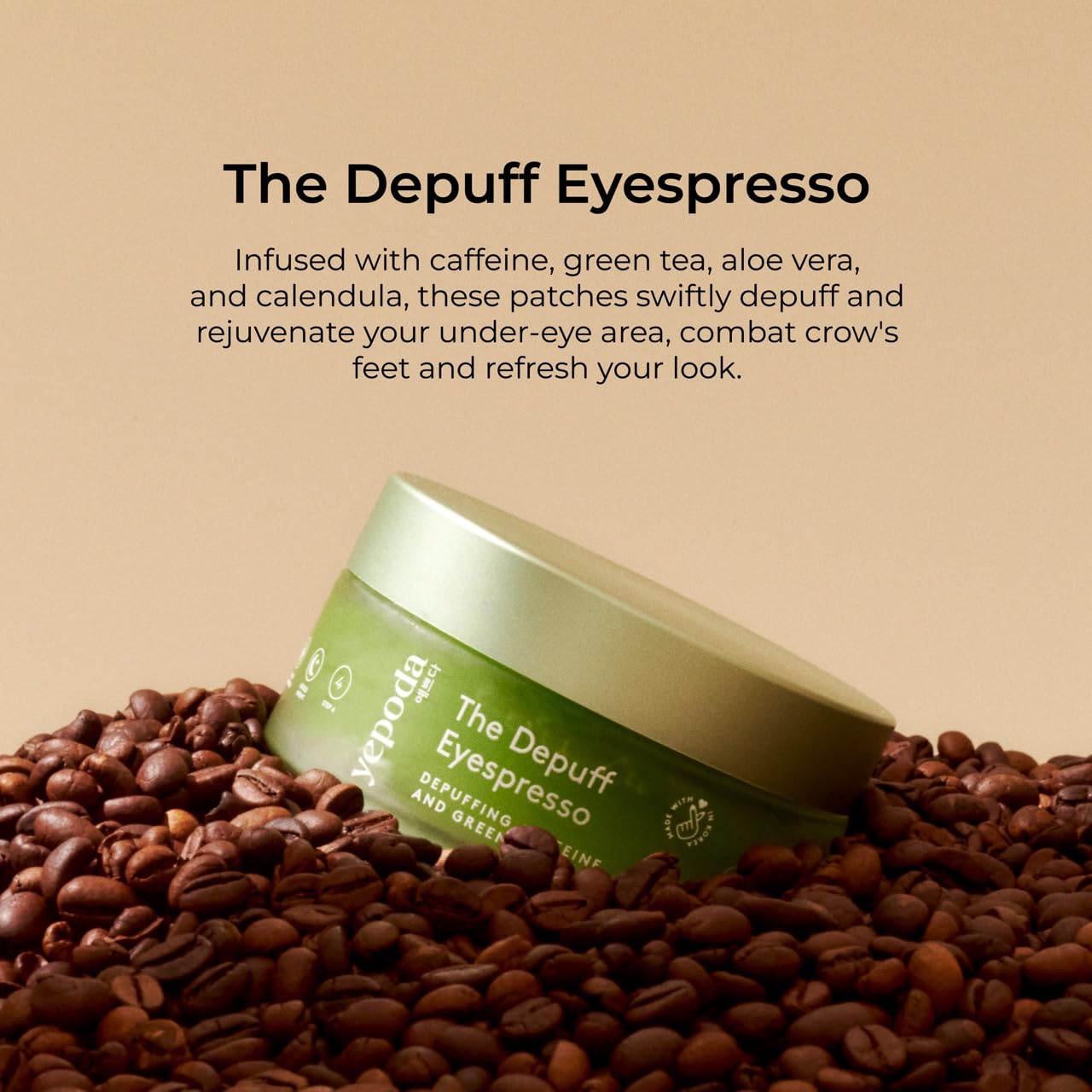 Yepoda Depuff Eyespresso patches sit on under-eye area for cooling revitalization