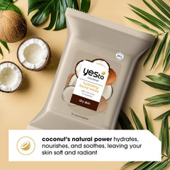 Yes To Coconut cleansing wipes removing makeup from face, neck, and hands.