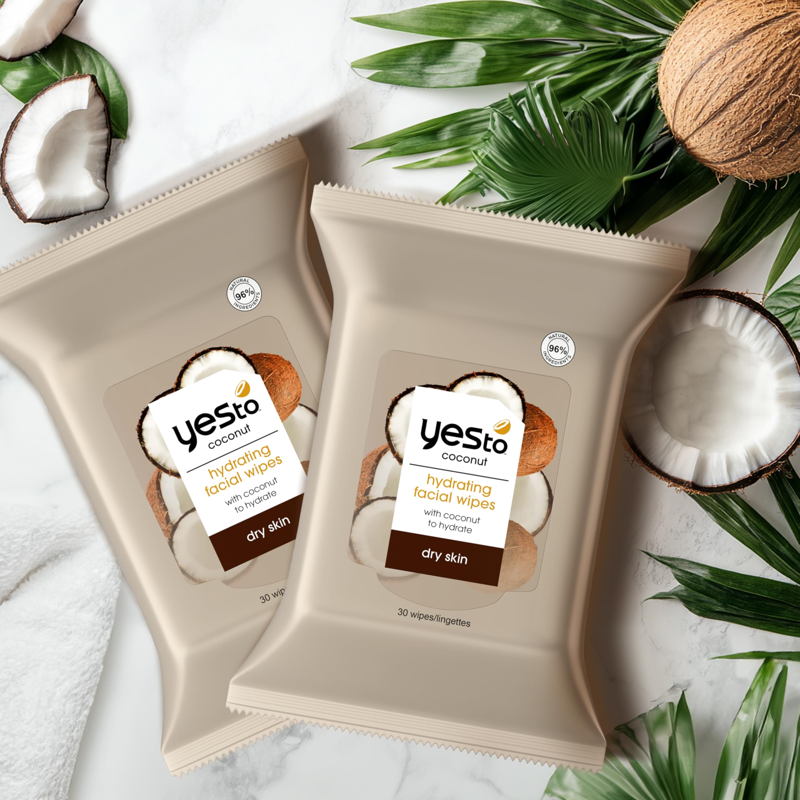 Yes To Coconut wipes used for a quick refresh during travel or post-workout.