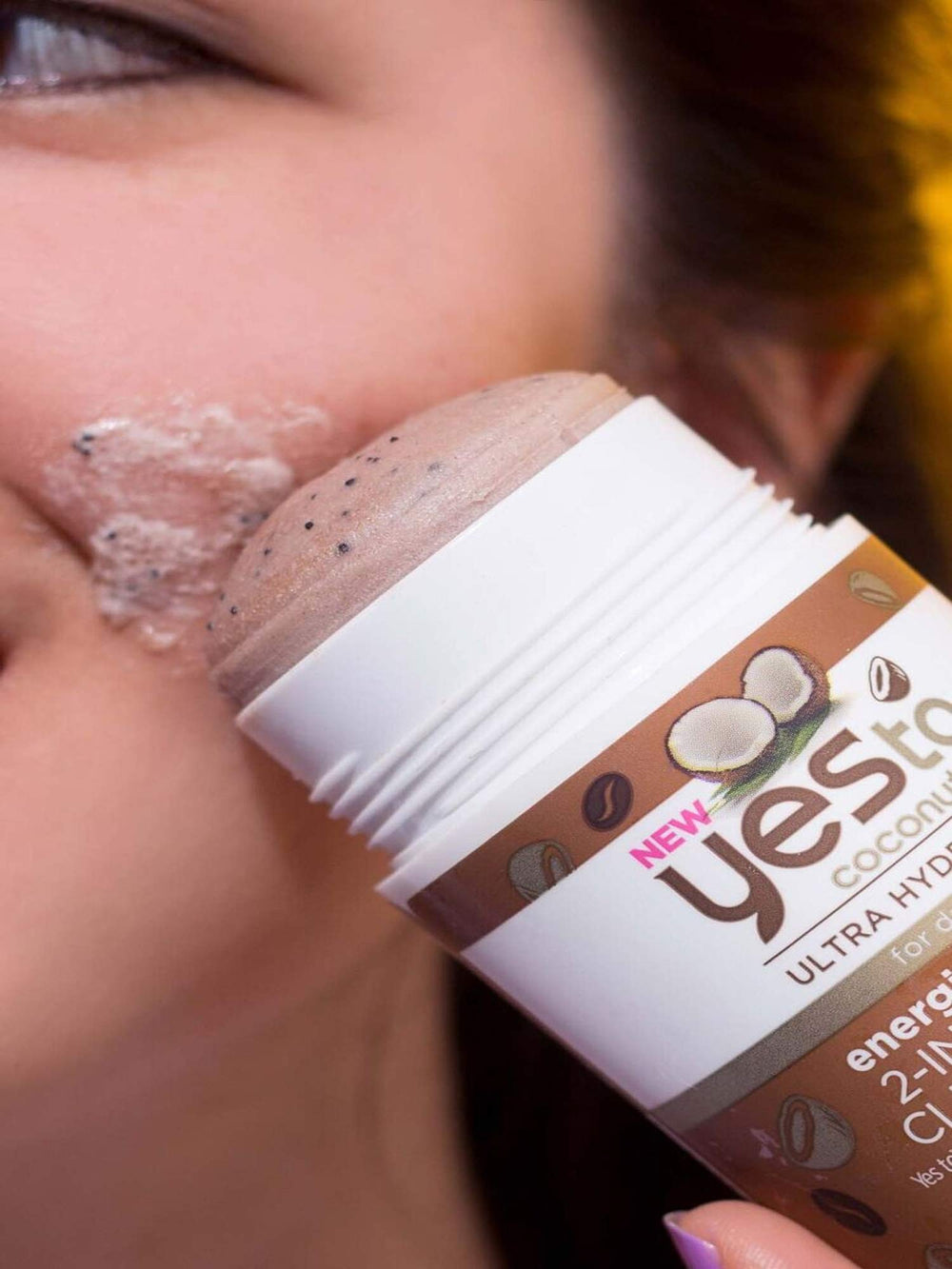 Yes To Coconut Coffee stick apply-on-wet-skin shows quick, milky lather cleansing.