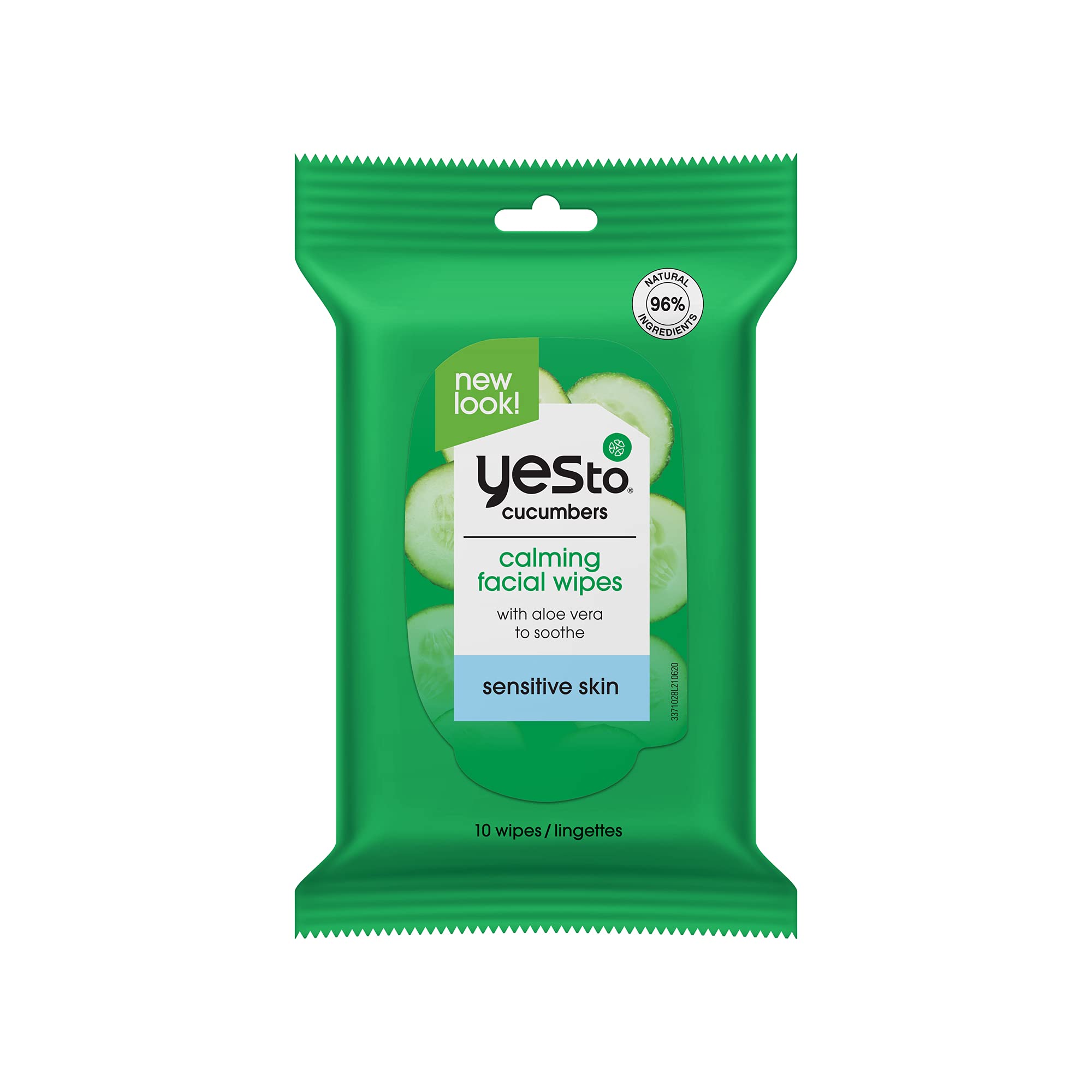 Yes To Cucumbers travel facial cleanser wipes packaging close-up for on-the-go cleansing.