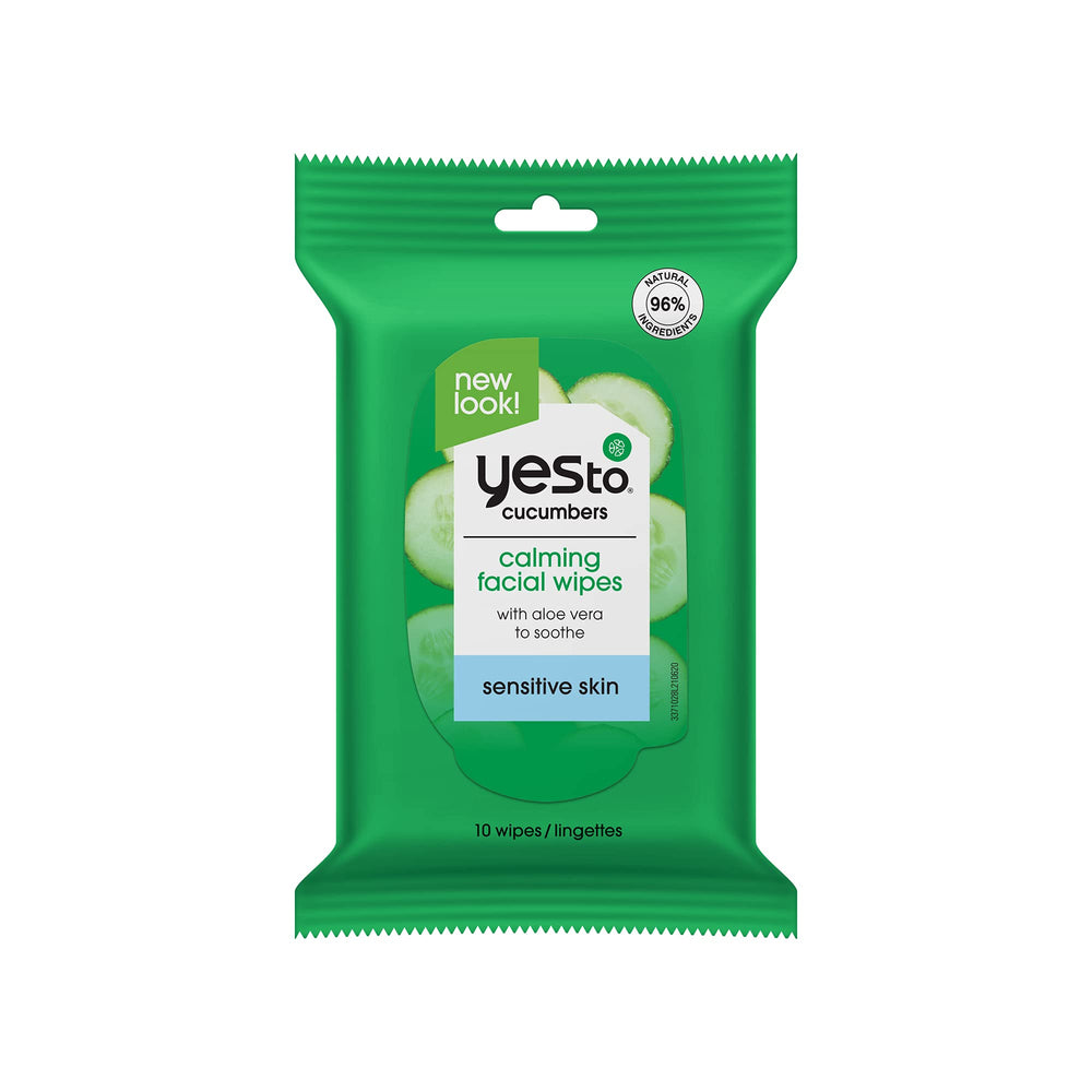 Yes To Cucumbers travel facial cleanser wipes packaging close-up for on-the-go cleansing.