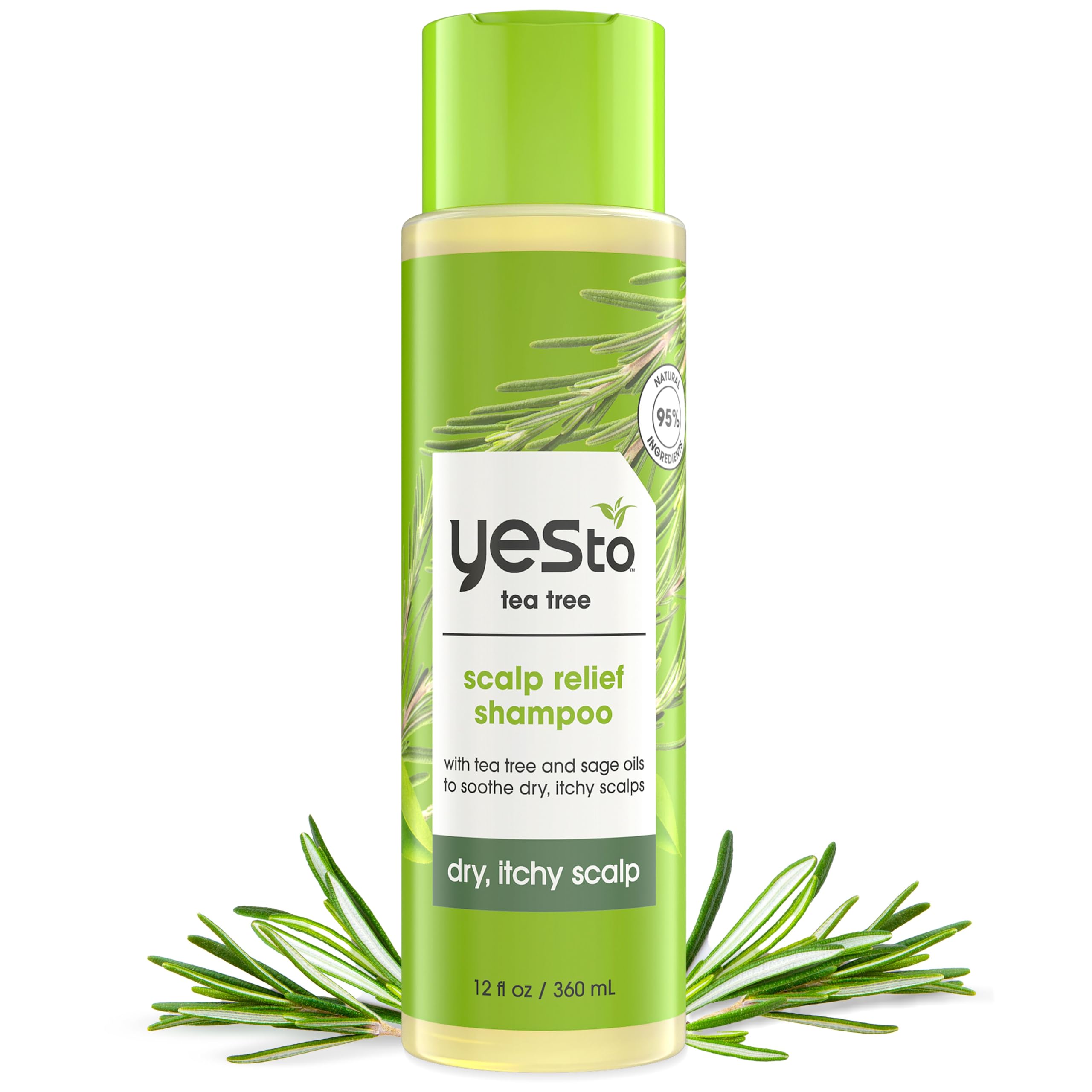 Yes To Tea Tree Scalp Relief Shampoo bottle pouring for soothing scalp comfort