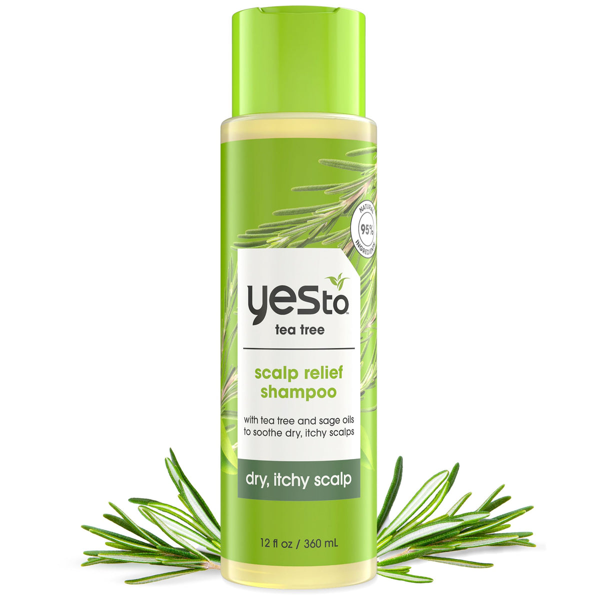 Yes To Tea Tree Scalp Relief Shampoo bottle pouring for soothing scalp comfort