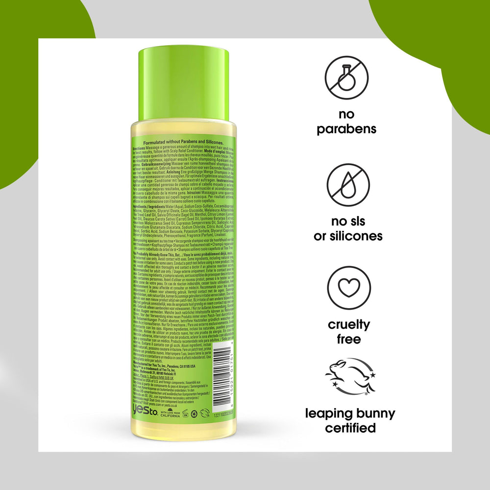 Yes To Tea Tree Scalp Relief Shampoo label closeup highlights natural formula