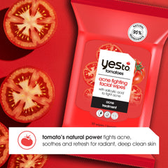 Yes To Tomatoes wipe close-up highlighting tomato extract and antioxidants.