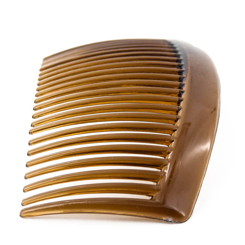 Yeshan brown plastic side comb blending with hair for discreet hold.