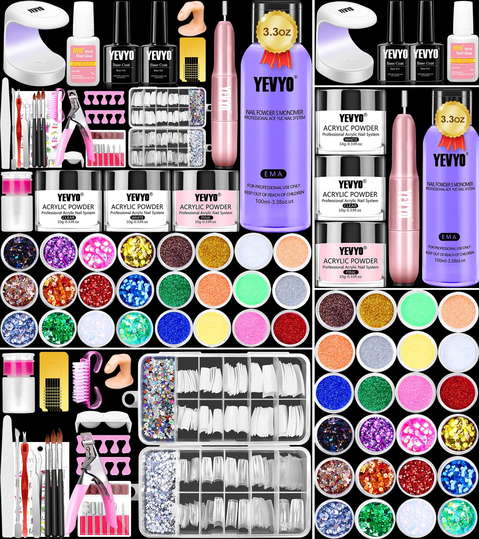 YEVYO acrylic nail brush and tools kit for shaping nails.