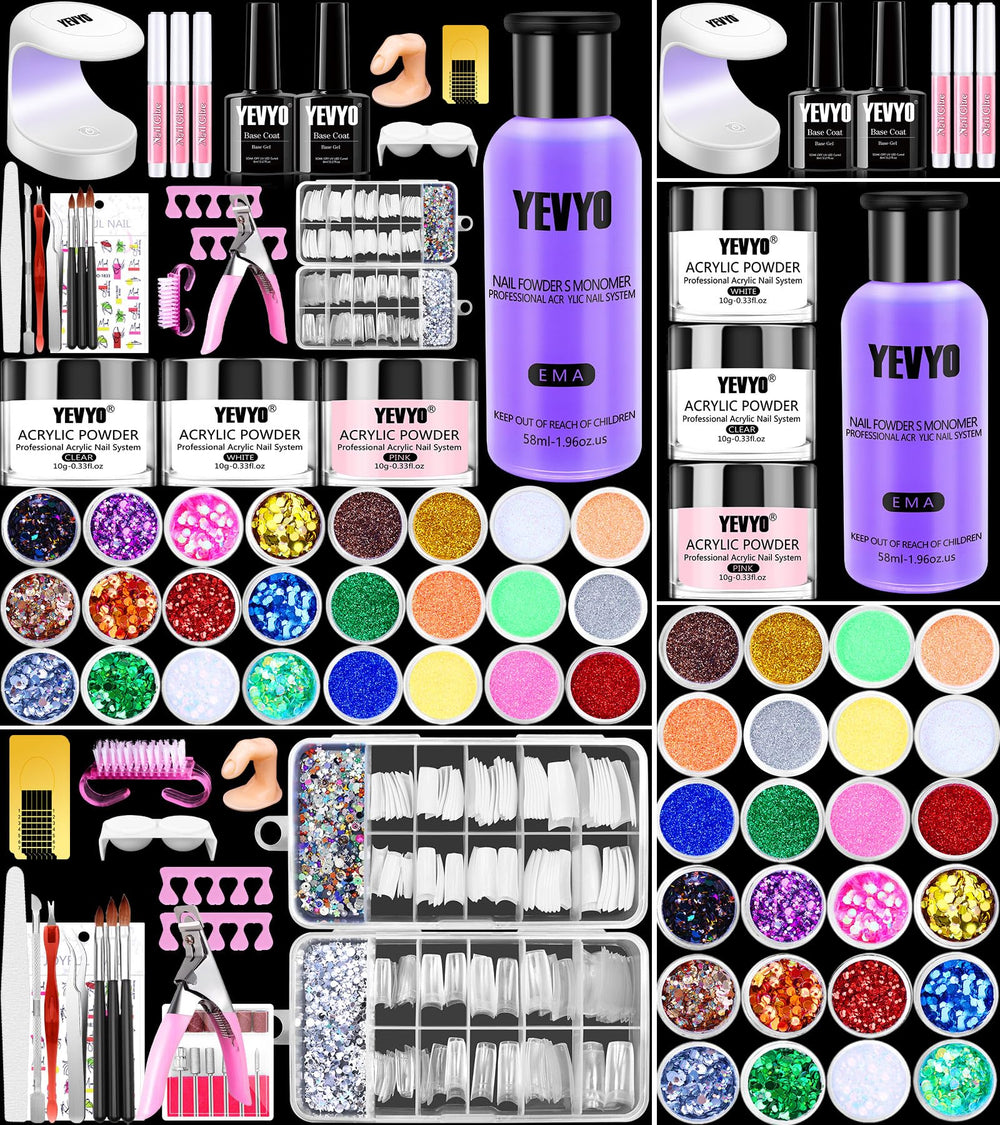 YEVYO acrylic nail kit front packaging shows an all-in-one starter set for at-home nails