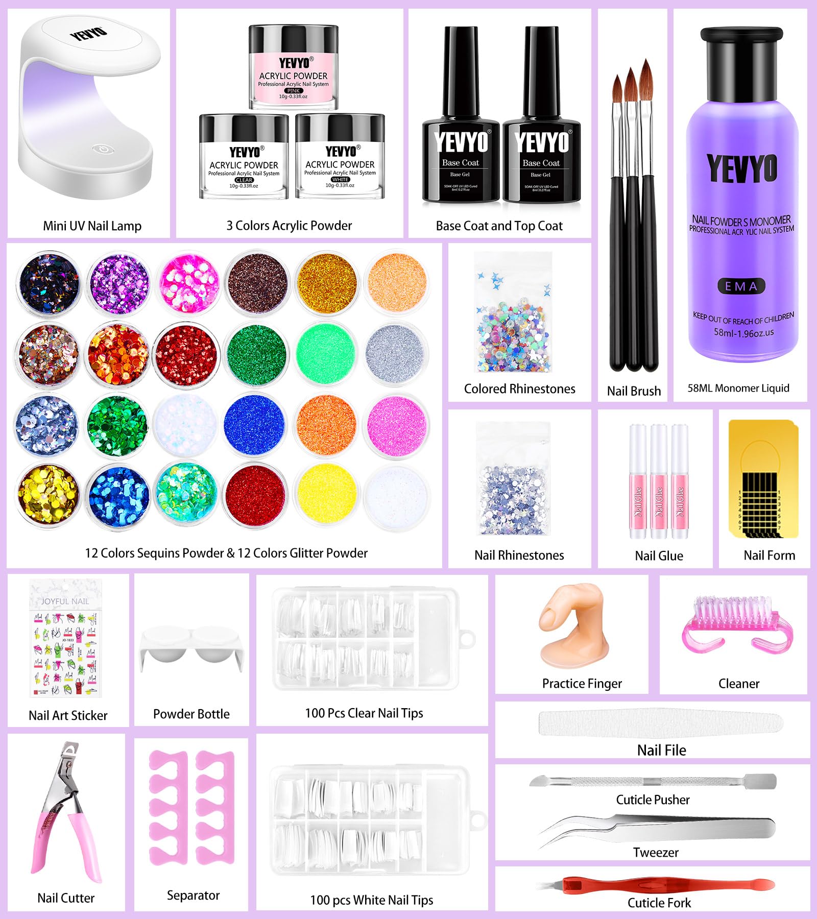 YEVYO acrylic nail kit powder colors demonstrating smooth coverage options