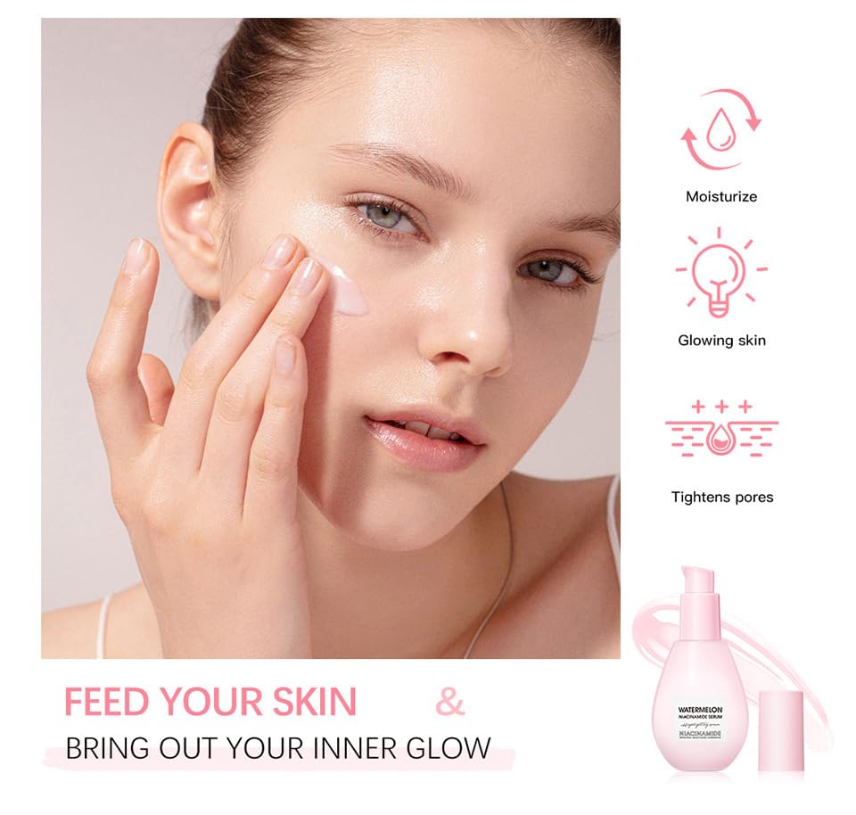 Yeweian Watermelon Niacinamide Serum priming glow on skin for dewy look.