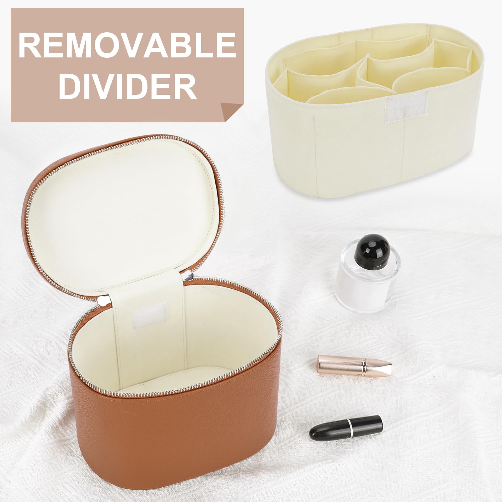 YFGBCX makeup bag open compartment reveals roomy layout for travel-size items.