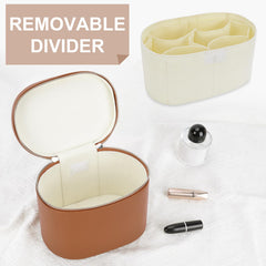 YFGBCX makeup bag open compartment reveals roomy layout for travel-size items.