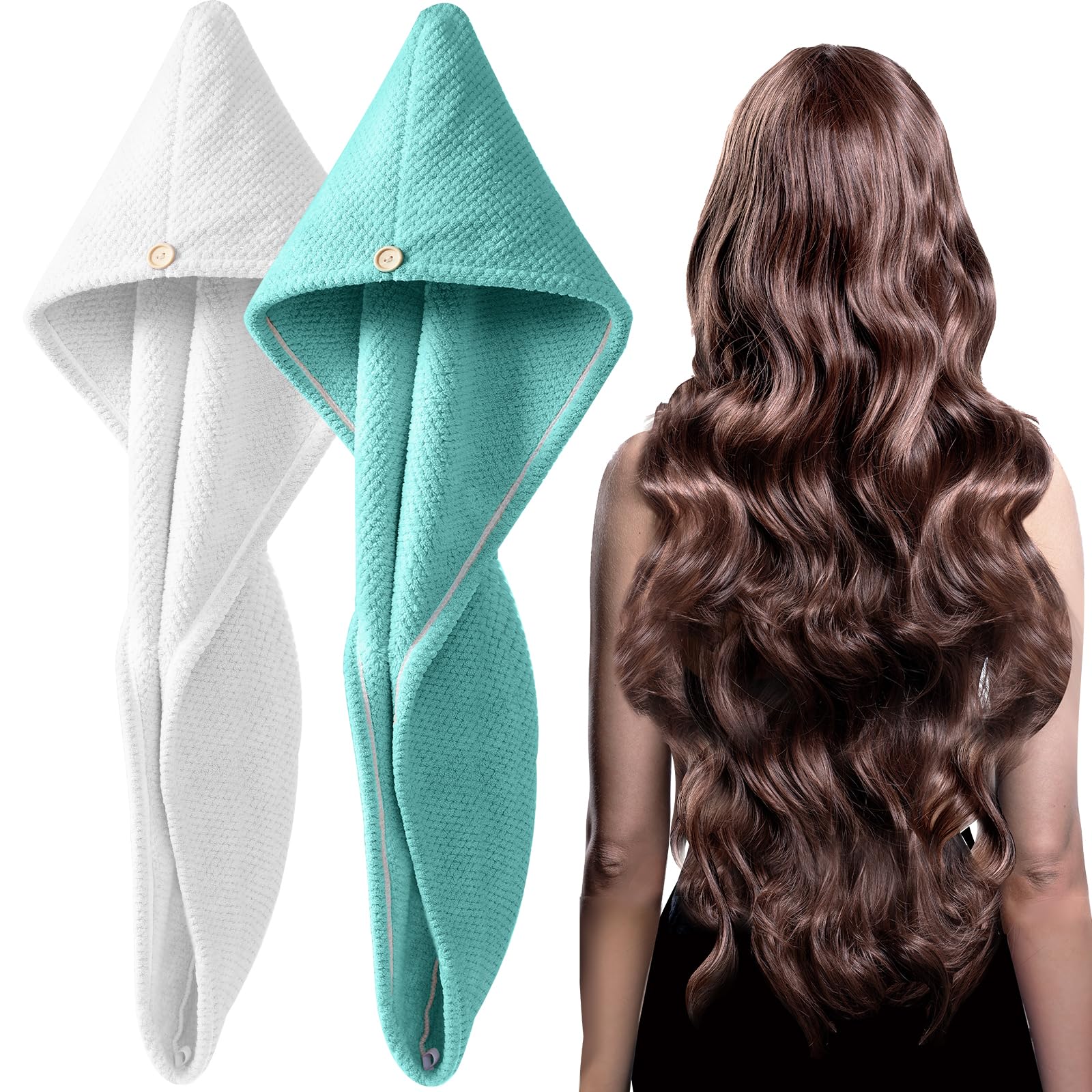 YFONG 2-pack microfiber hair towel wrap close-up highlights ultra-absorbent fabric for faster drying