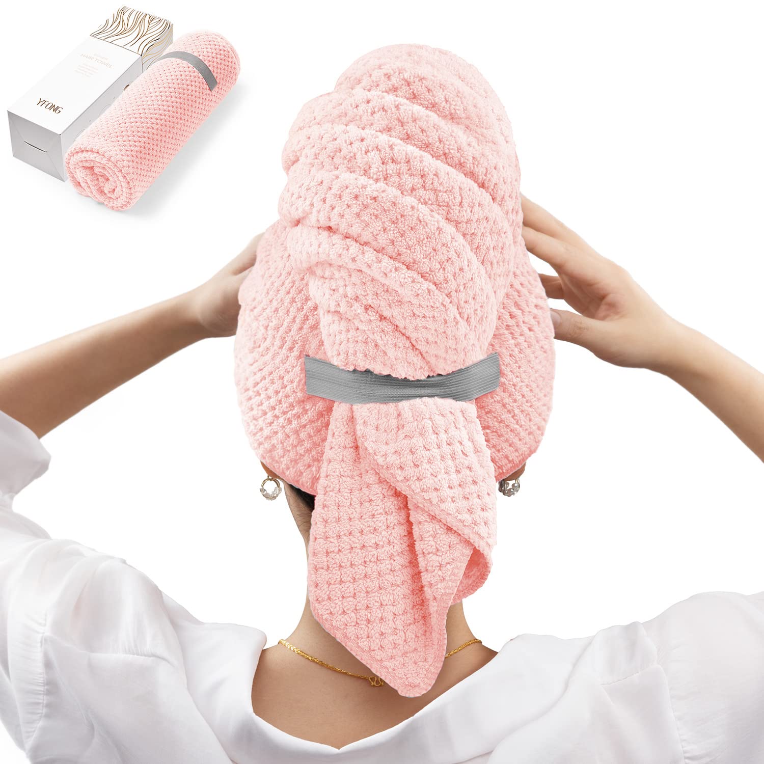 YFONG large hair towel wrap close-up shows ultra-absorbent microfiber for faster drying.