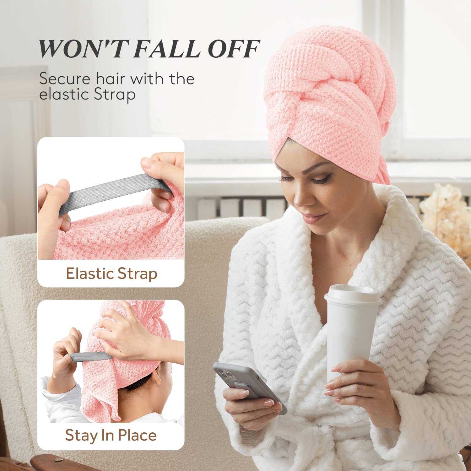 YFONG large hair towel wrap shows elastic band securing during workouts.