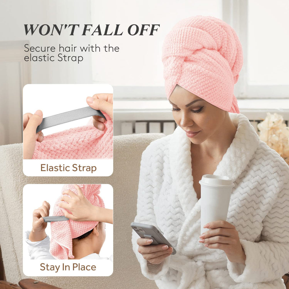 YFONG large hair towel wrap shows elastic band securing during workouts.