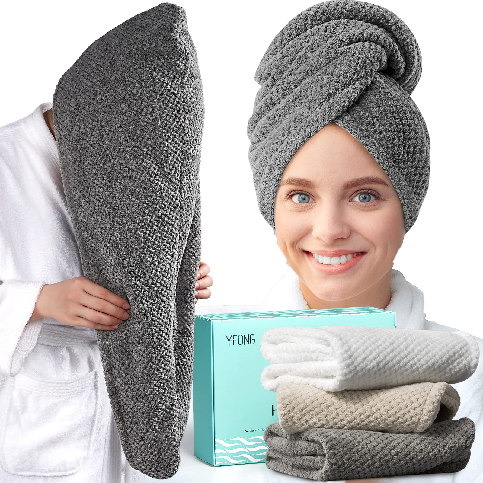 YFONG large microfiber hair towel wrap in grey showing full coverage and soft drape