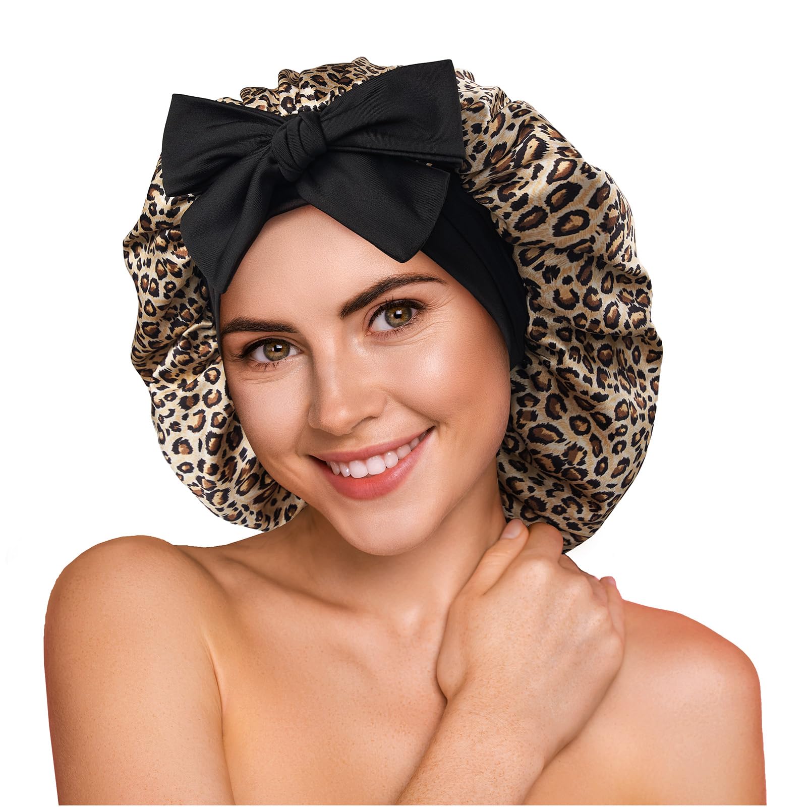 YFONG leopard silk bonnet closeup for frizz control overnight.