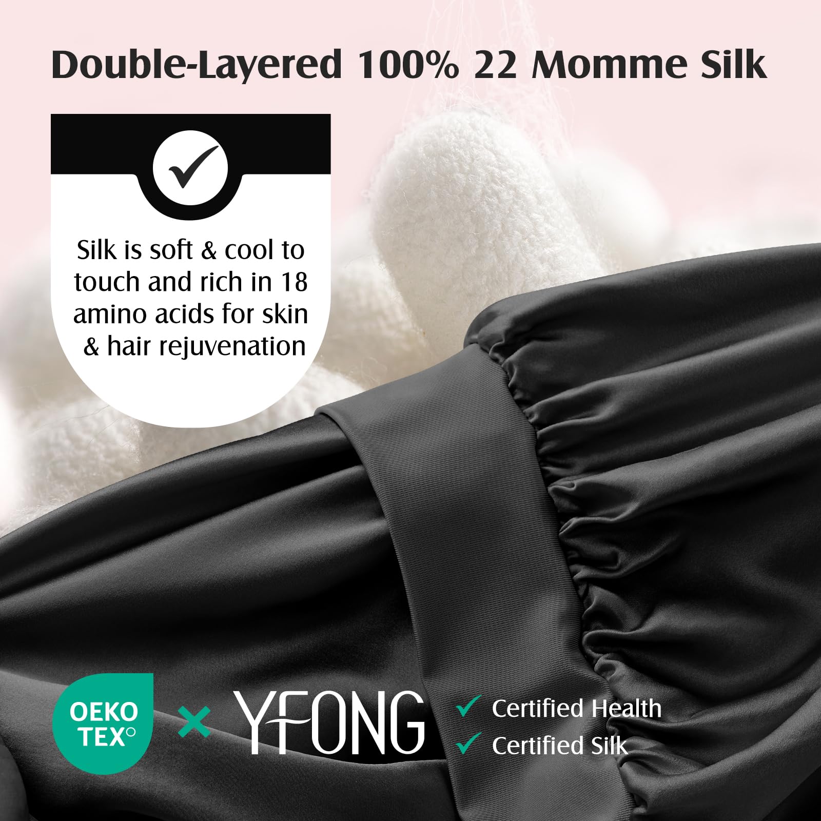 YFONG silk bonnet worn on head, secure fit without tight imprint