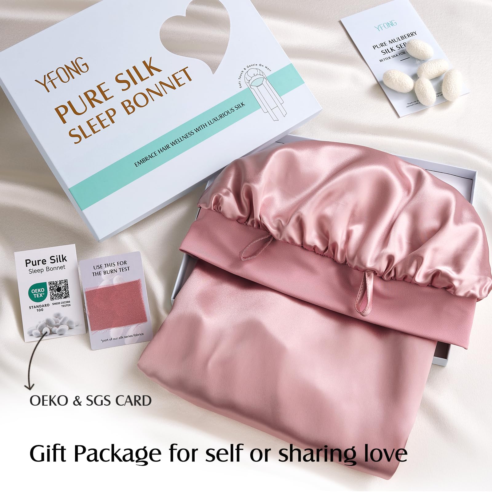 YFONG silk bonnet folded flat on bed for compact storage