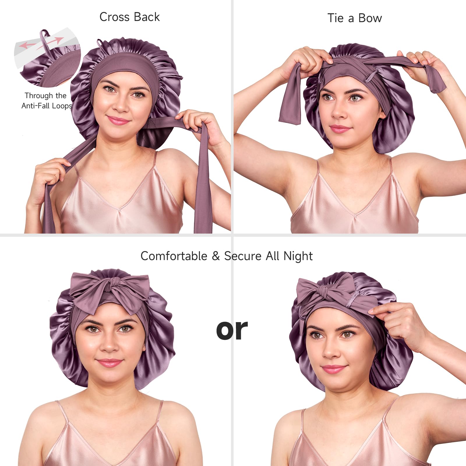 YFONG silk bonnet-frizz prevention demo shows smooth slide for curly hair