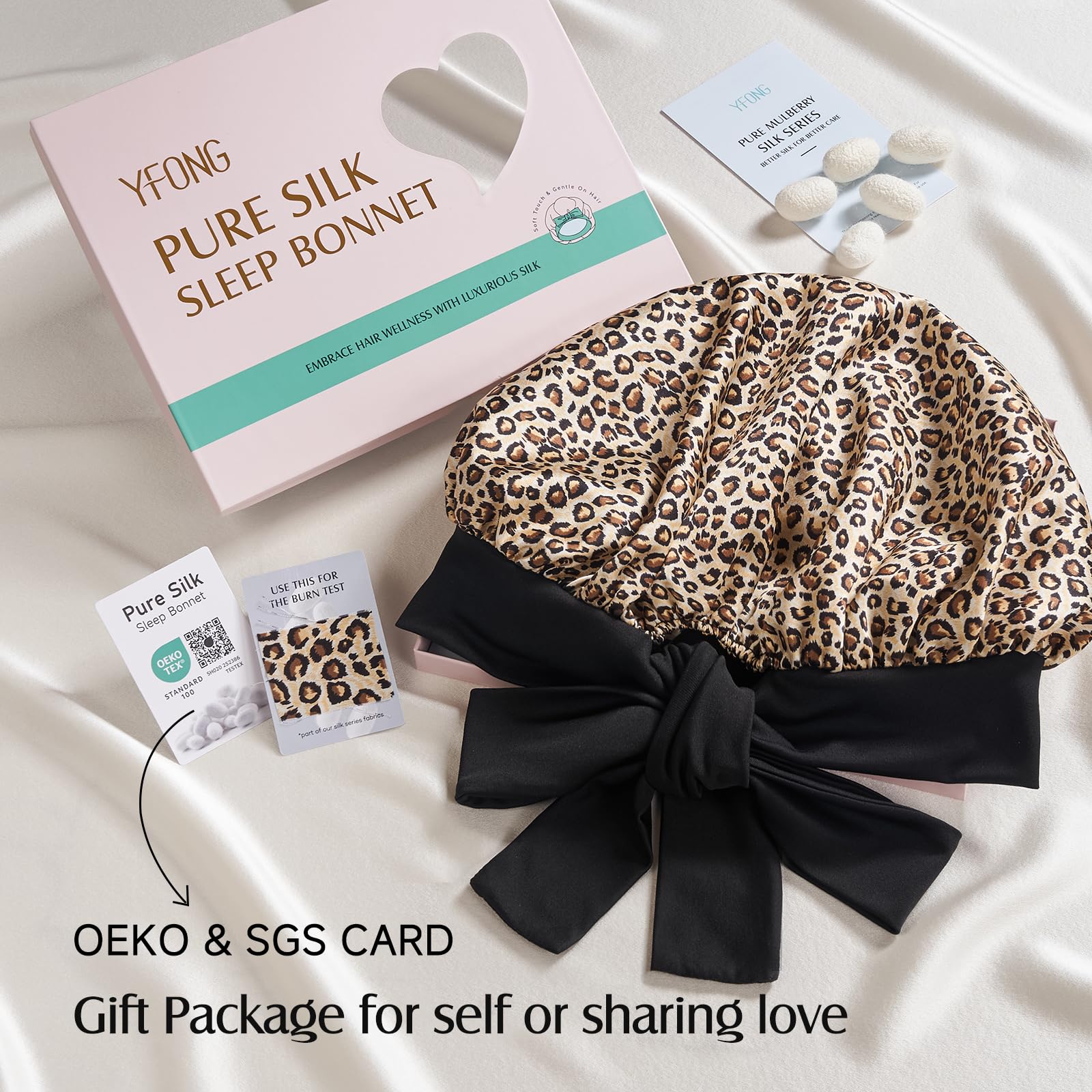 YFONG box packaging includes care card and silk identification for care guidelines.