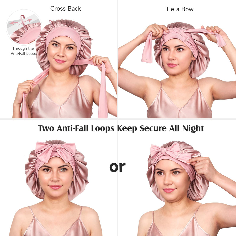 YFONG silk bonnet pink one-size label highlights versatile head coverage