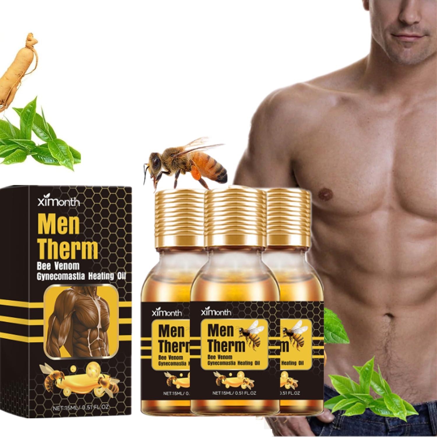 YG LianKai Men Therm Bee Venom bottle close-up with warming gel.