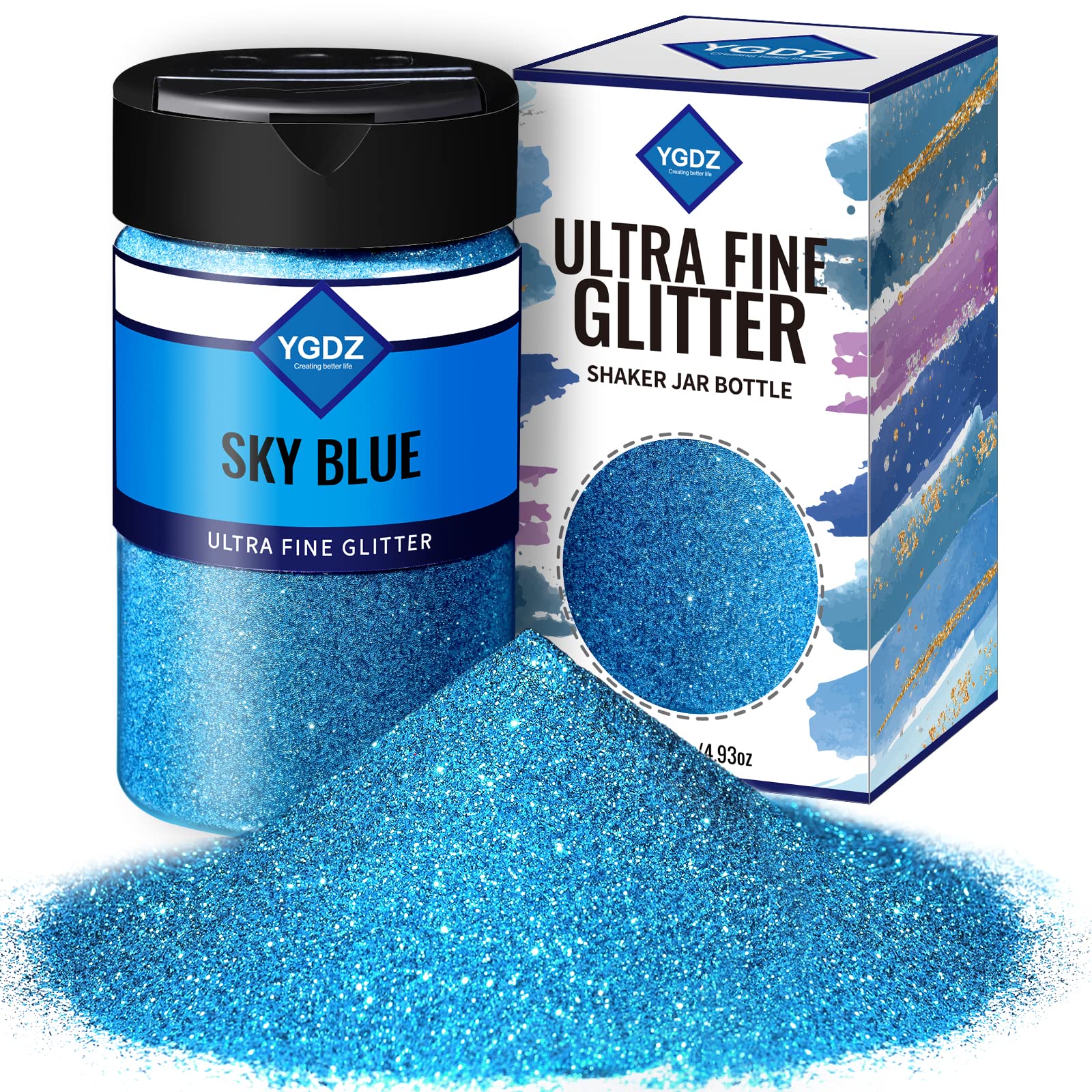 YGDZ Blue Glitter jar closeup highlighting ultra-fine sparkle for resin crafts and long-lasting shine.