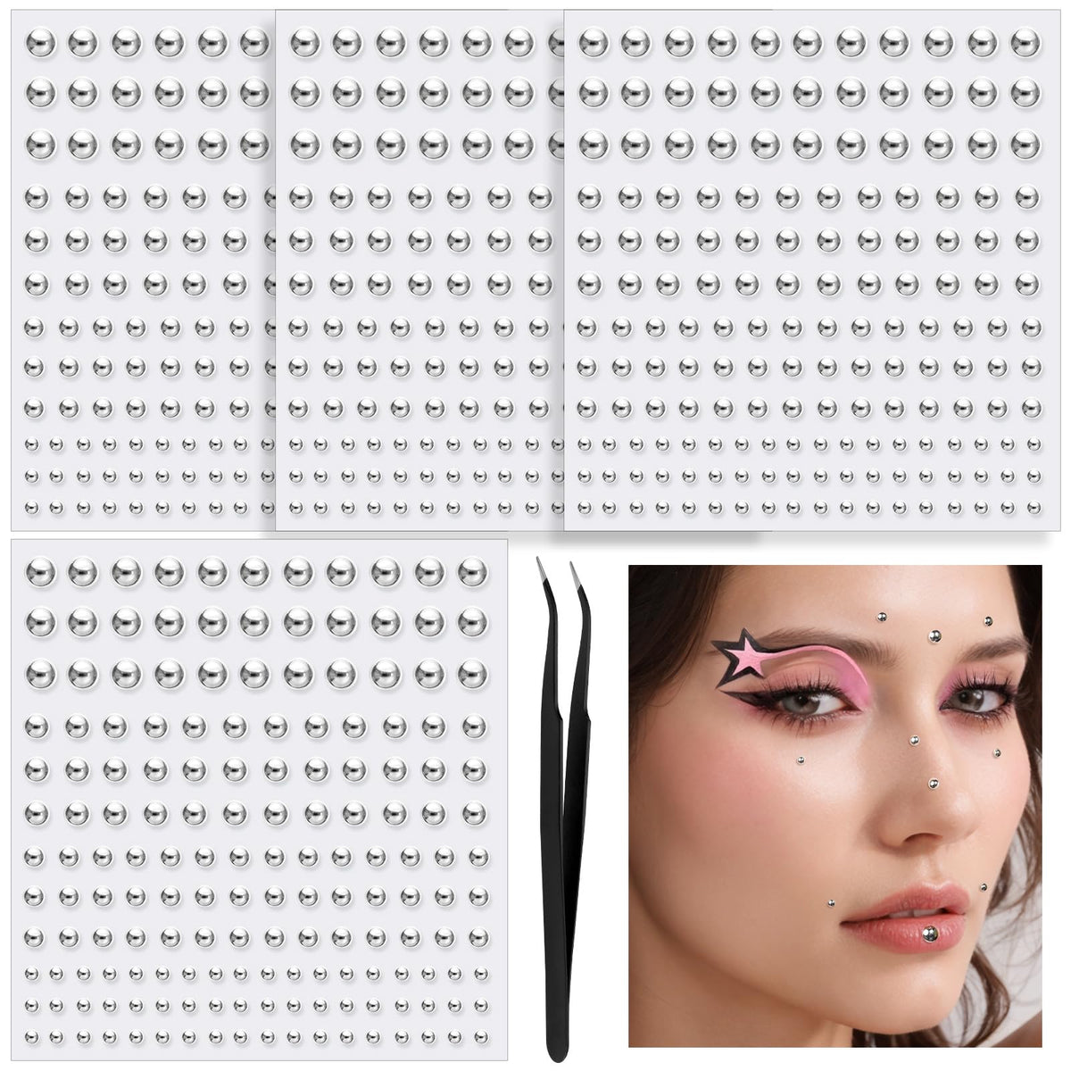 YGDZ Face Gems packaging shows four sheets of silver fake piercings for easy styling