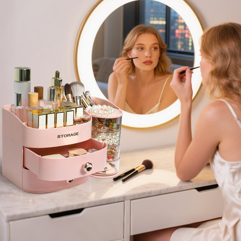 YGJT cosmetic display case pink showcases vanity essentials with easy reach.
