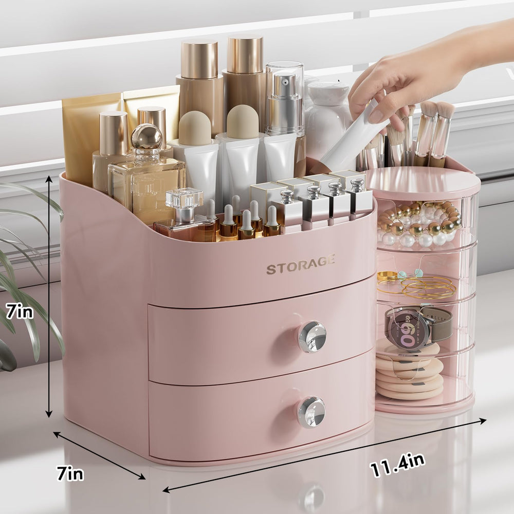 YGJT makeup organizer two drawers closeup pink highlights storage for brushes and lipsticks.