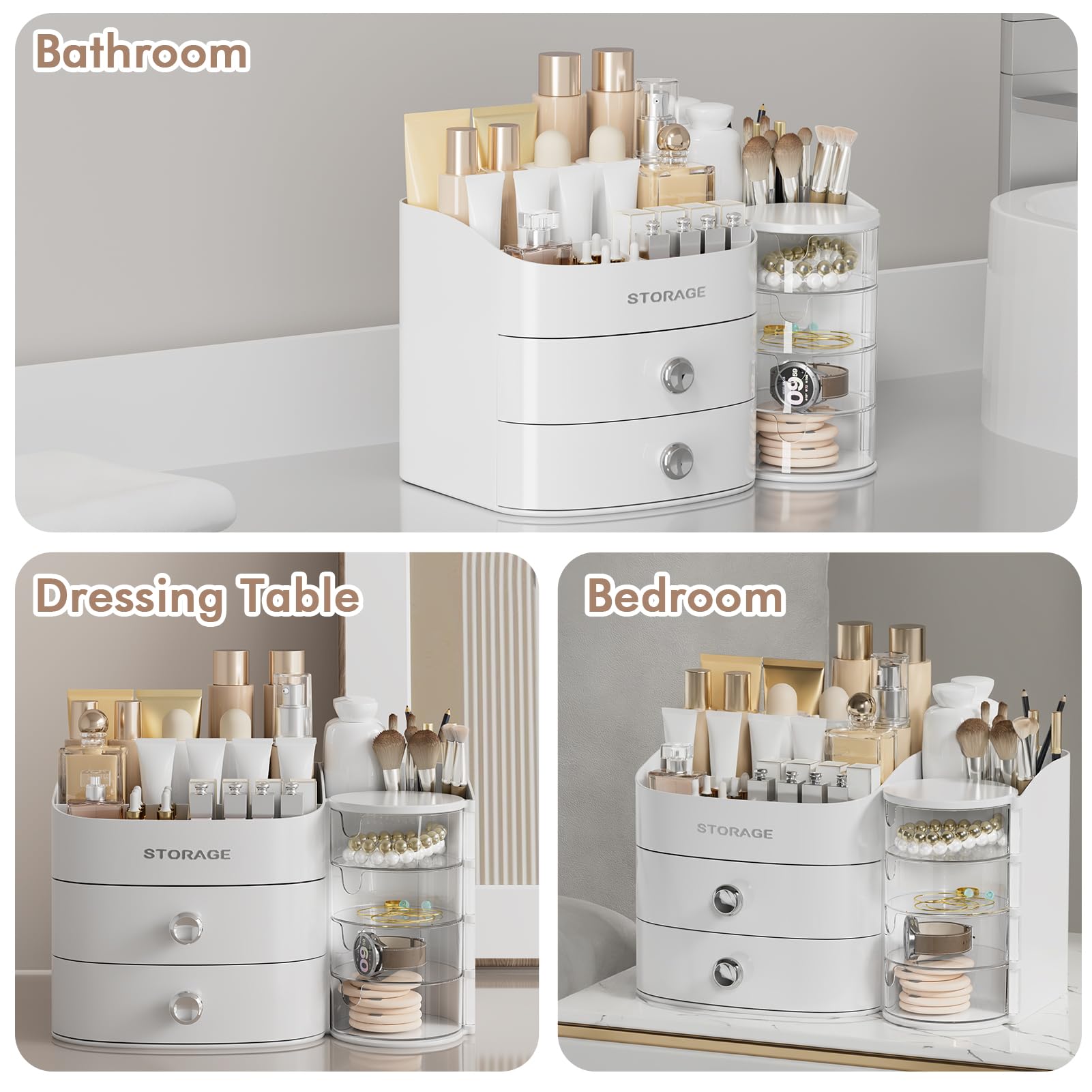 YGJT Makeup Organizer white finish complements any dresser or vanity setup