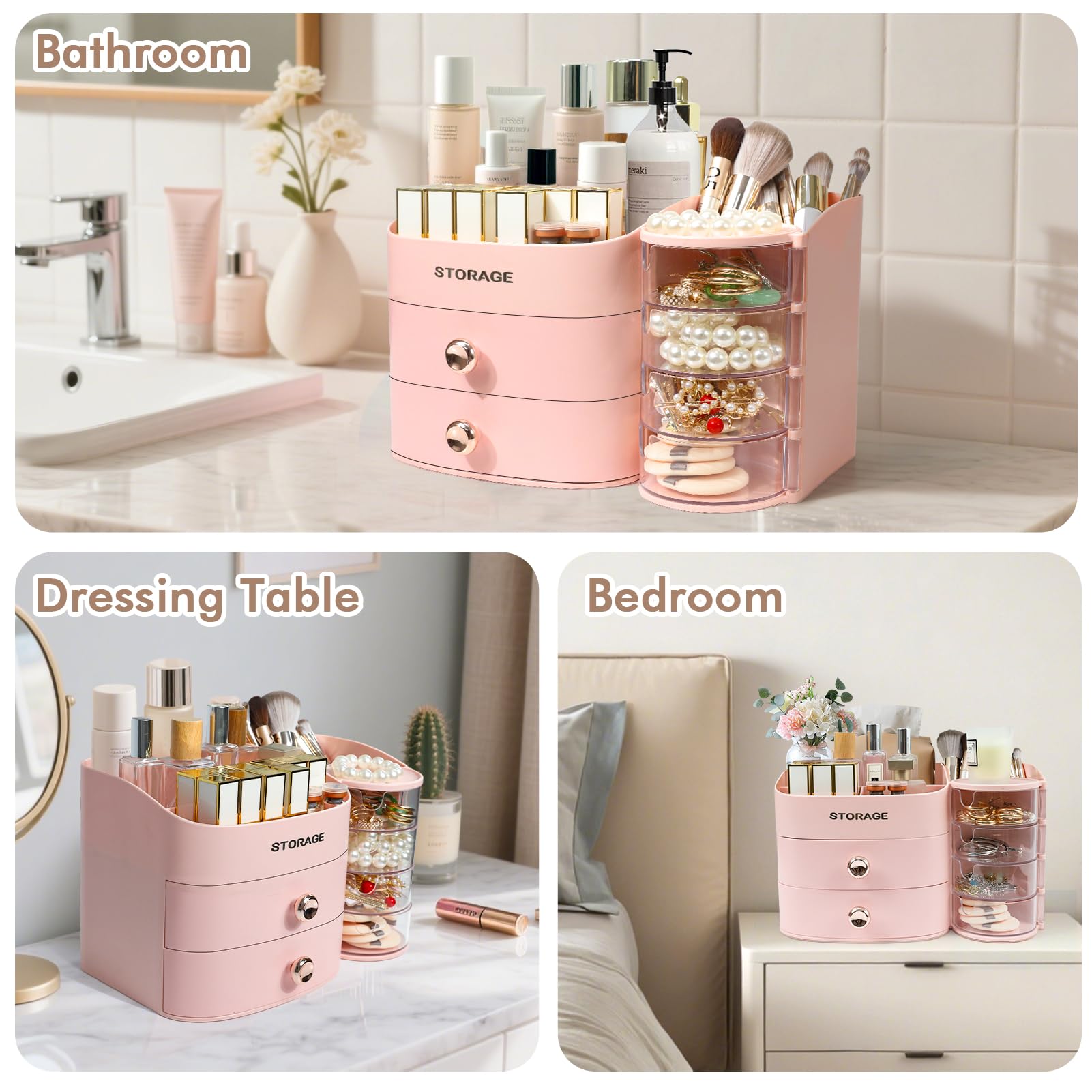 YGJT makeup storage for brushes and lipsticks pink fits on vanity or bathroom shelf.