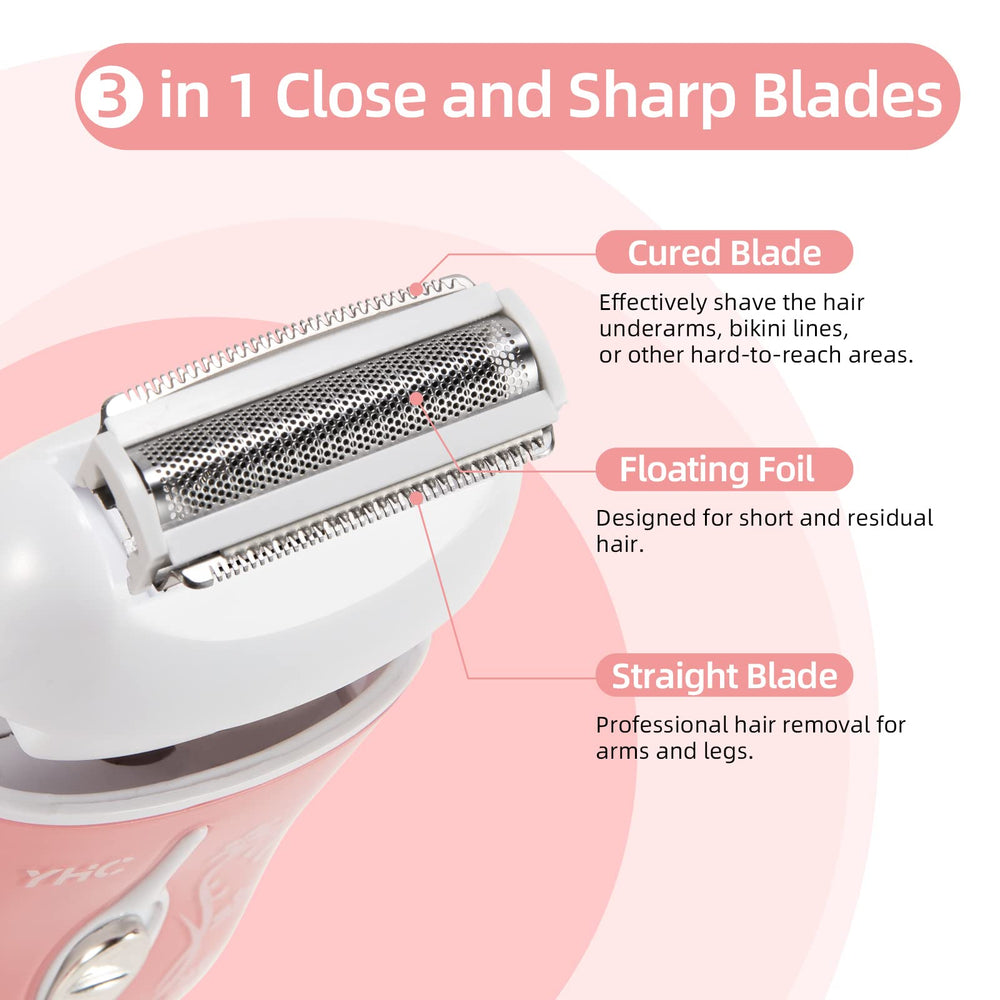 YHC Electric Razor for Women floating-blades close-up reveals three blades for close shave.